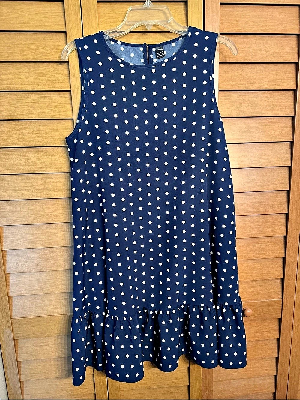 Polka Dot Ruffle Sleeveless Dress in Navy Blue & White,  Size Large